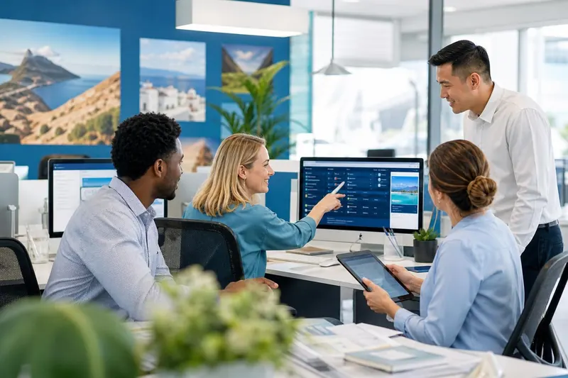 Travel agency team reviewing B2B agent bookings on a travel booking panel dashboard