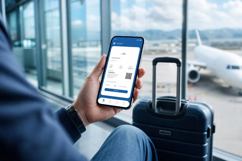 Traveller holding a phone with a mobile travel booking confirmation at an airport