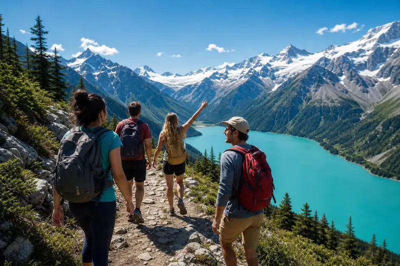 Tour group hiking above a turquoise mountain lake — tour package software module