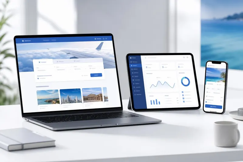 Travel booking panel shown on laptop, tablet and mobile: booking website, admin dashboard and mobile booking